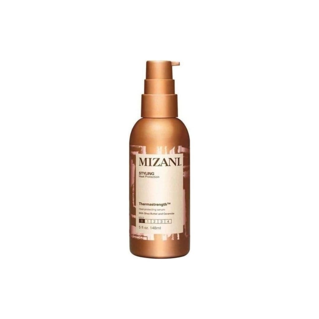 Bottle of Mizani Thermastrength Style Serum 148ml with pump dispenser for salon-quality hair care