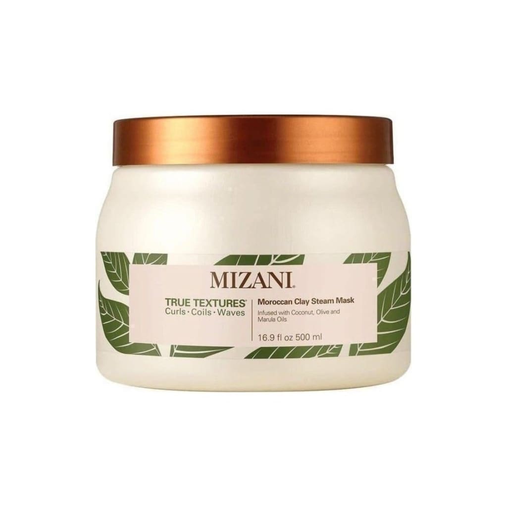 Mizani True Textures Moroccan Clay Steam Mask 500ml jar with copper lid and green leaf design