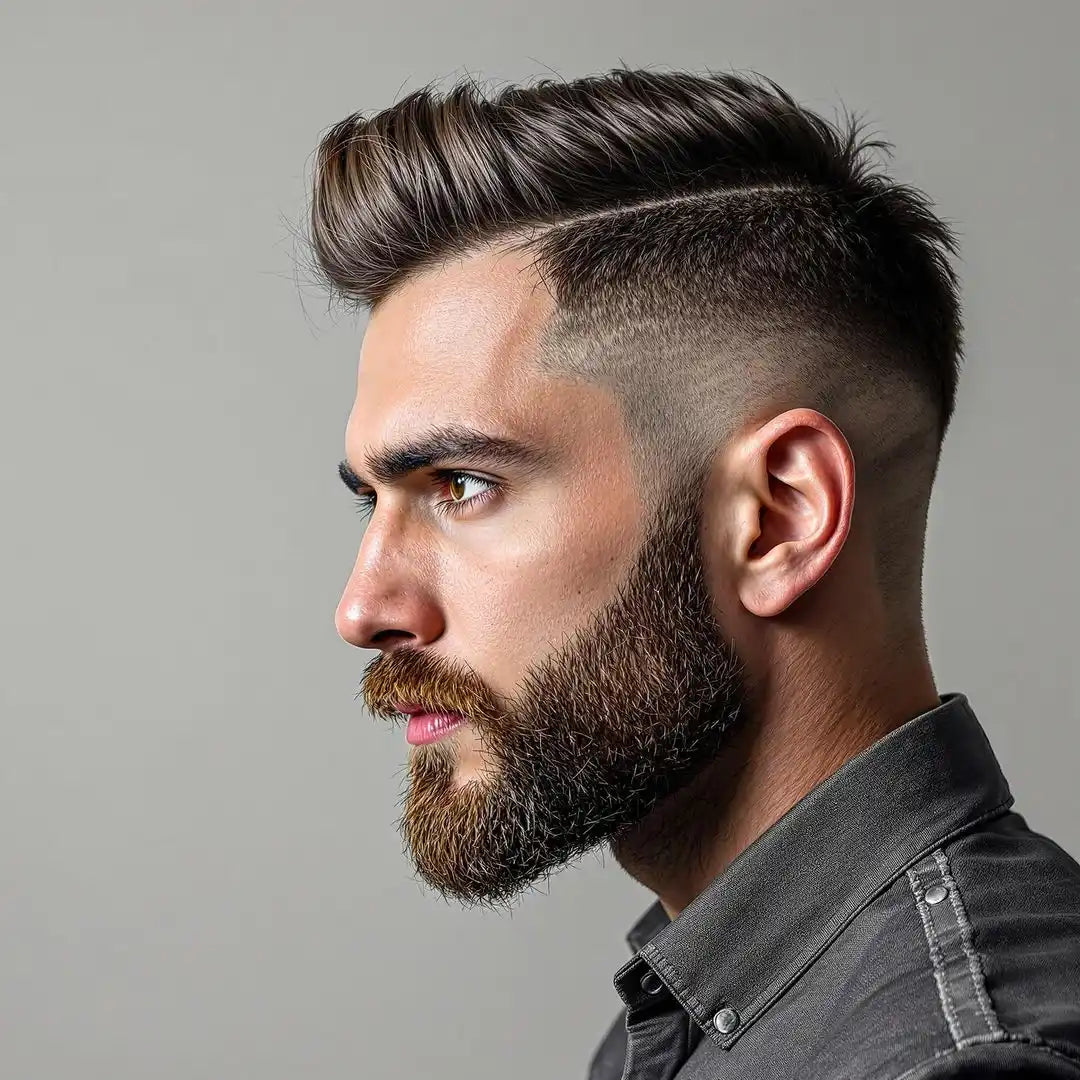 Modern fade haircut with a full beard styled in profile view.