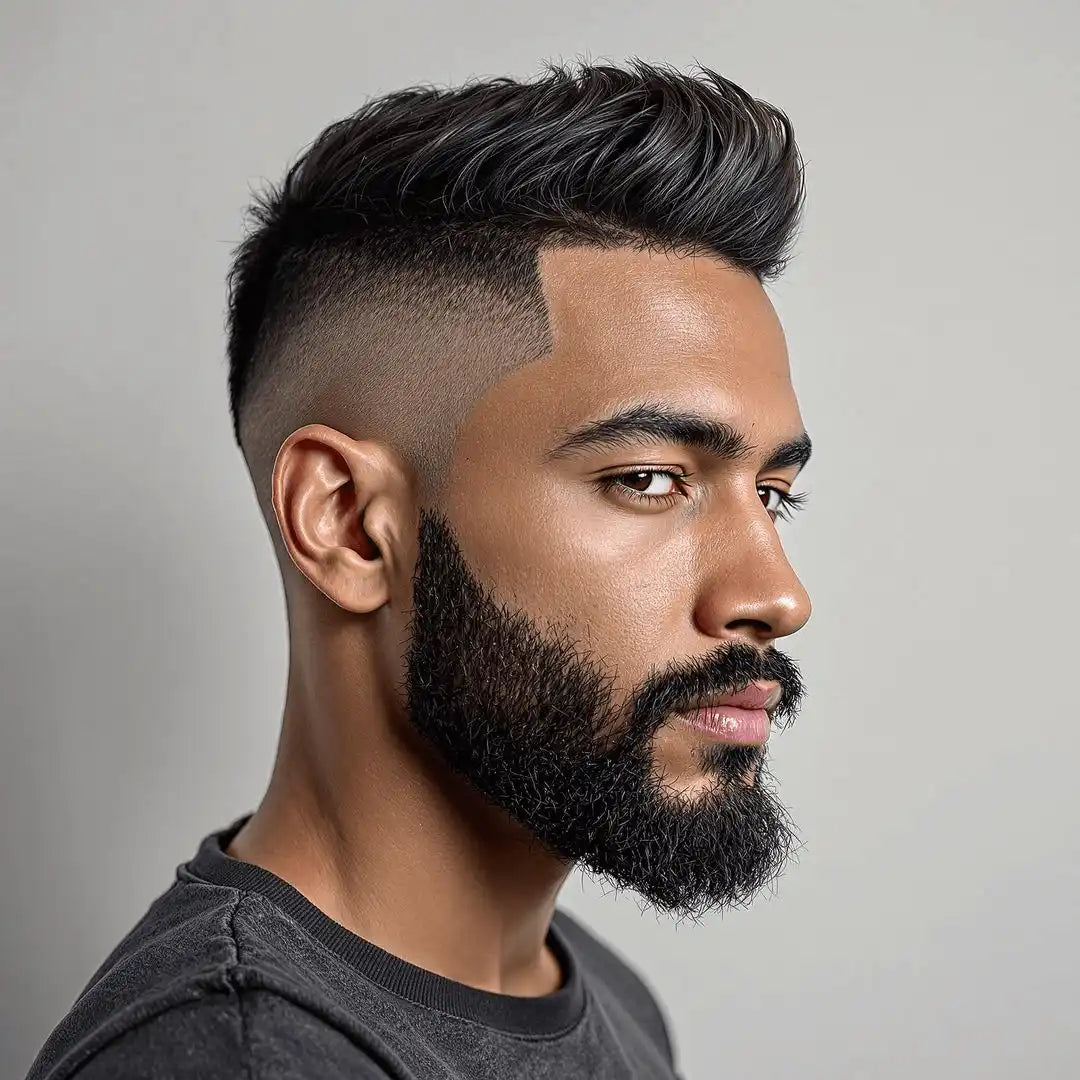 Modern fade haircut with styled top and full beard in profile view.