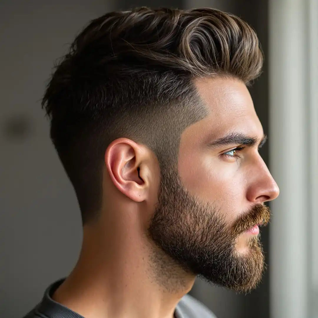 Modern men’s hairstyle featuring a faded undercut with textured top and full beard.