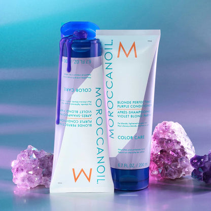 Moroccanoil Blonde Perfecting Purple Conditioner and color-depositing mask for vibrant hair