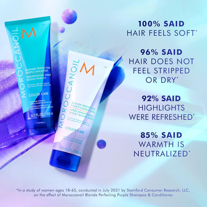 Moroccanoil Blonde Perfecting Purple Shampoo 200ml helps eliminate brassiness, enhancing your blonde hair's brilliance.