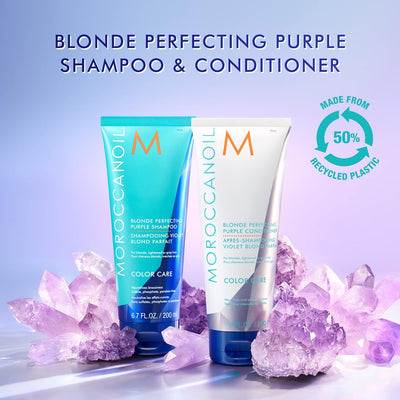 Moroccanoil Blonde Perfecting Purple Shampoo texture — rich violet lather that tones blonde hair without stripping