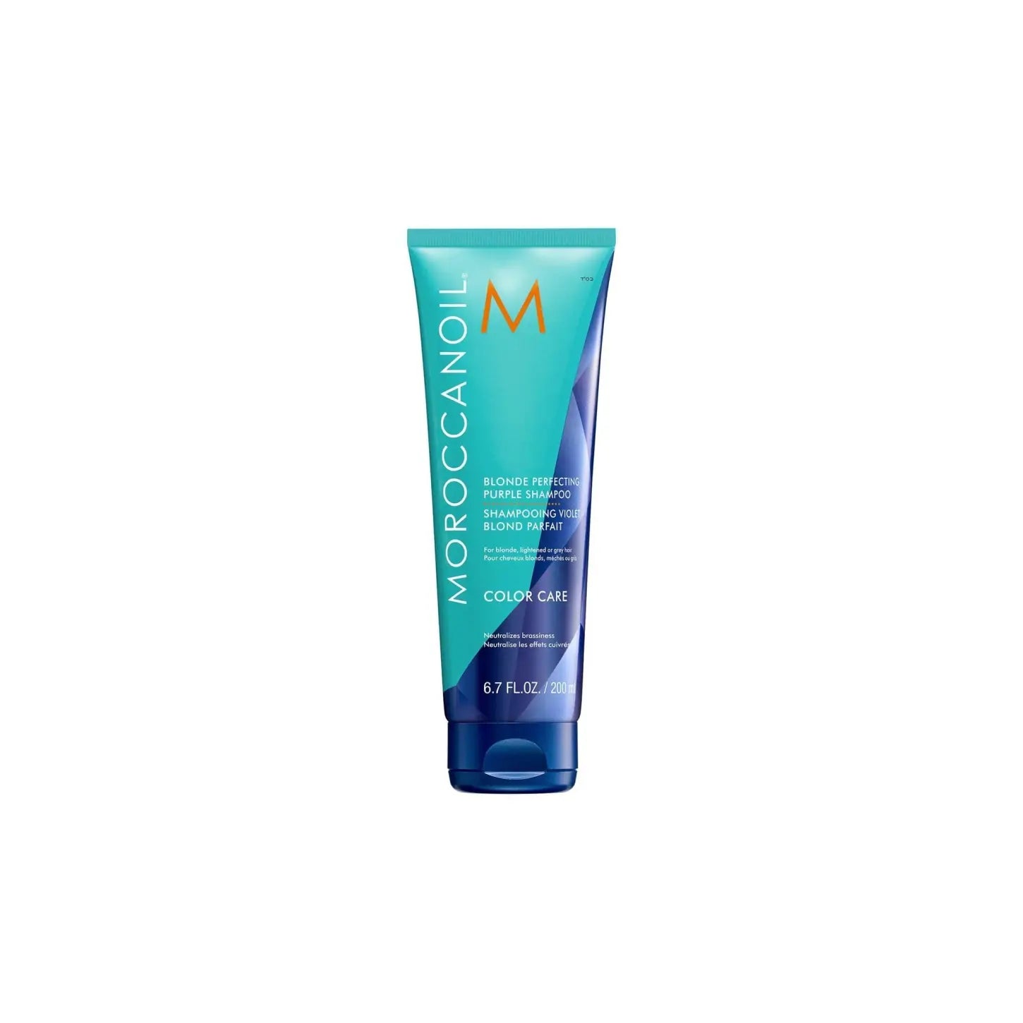 Moroccanoil Blonde Perfecting Purple Shampoo tube in teal and purple packaging