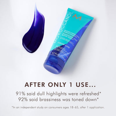 Moroccanoil purple shampoo results — brassy yellow tones neutralised restoring cool ash and platinum blonde