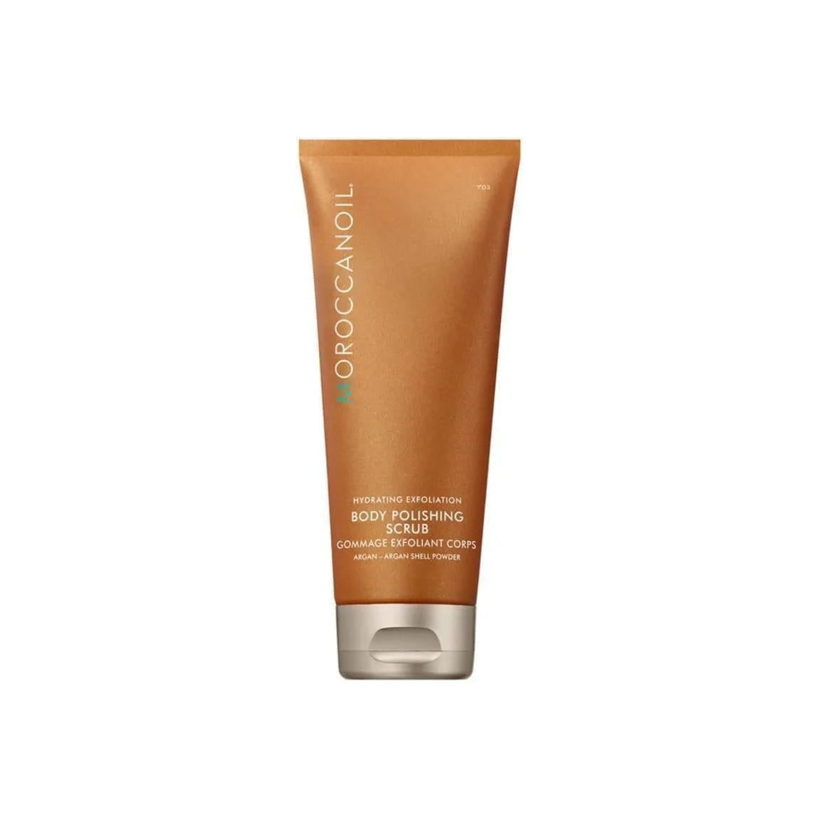 Moroccanoil body polishing scrub hydrating exfoliation skincare in a bronze tube