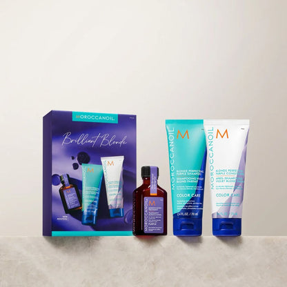 Moroccanoil Brilliant Blonde Travel Set: Shampoo, conditioner, and treatment oil for blondes