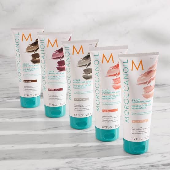 Five tubes of Moroccanoil Clear Color Deposit Mask 200ml in various shades