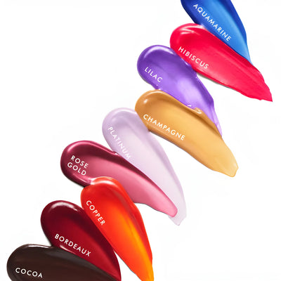 Moroccanoil Color Depositing Masks: Cocoa, Bordeaux, Copper, Rose Gold, Platinum, Champagne, Lilac, Hibiscus, Aquamarine Swatches.