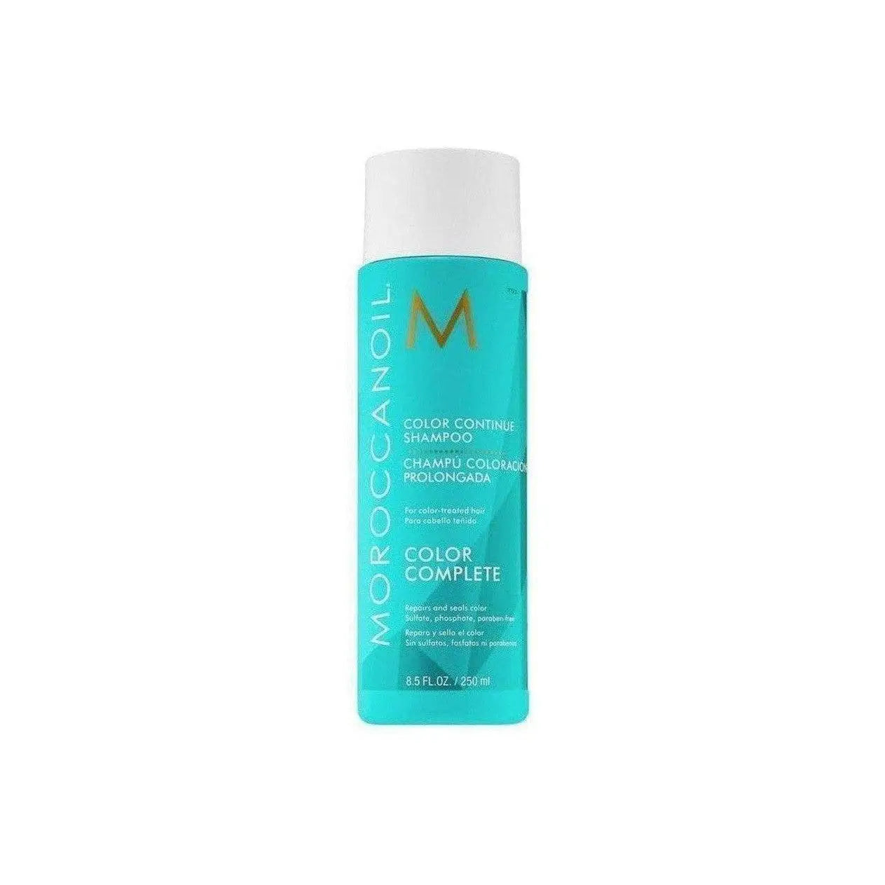 Turquoise bottle of Moroccanoil Color Continue Shampoo 250ml for enhanced color protection