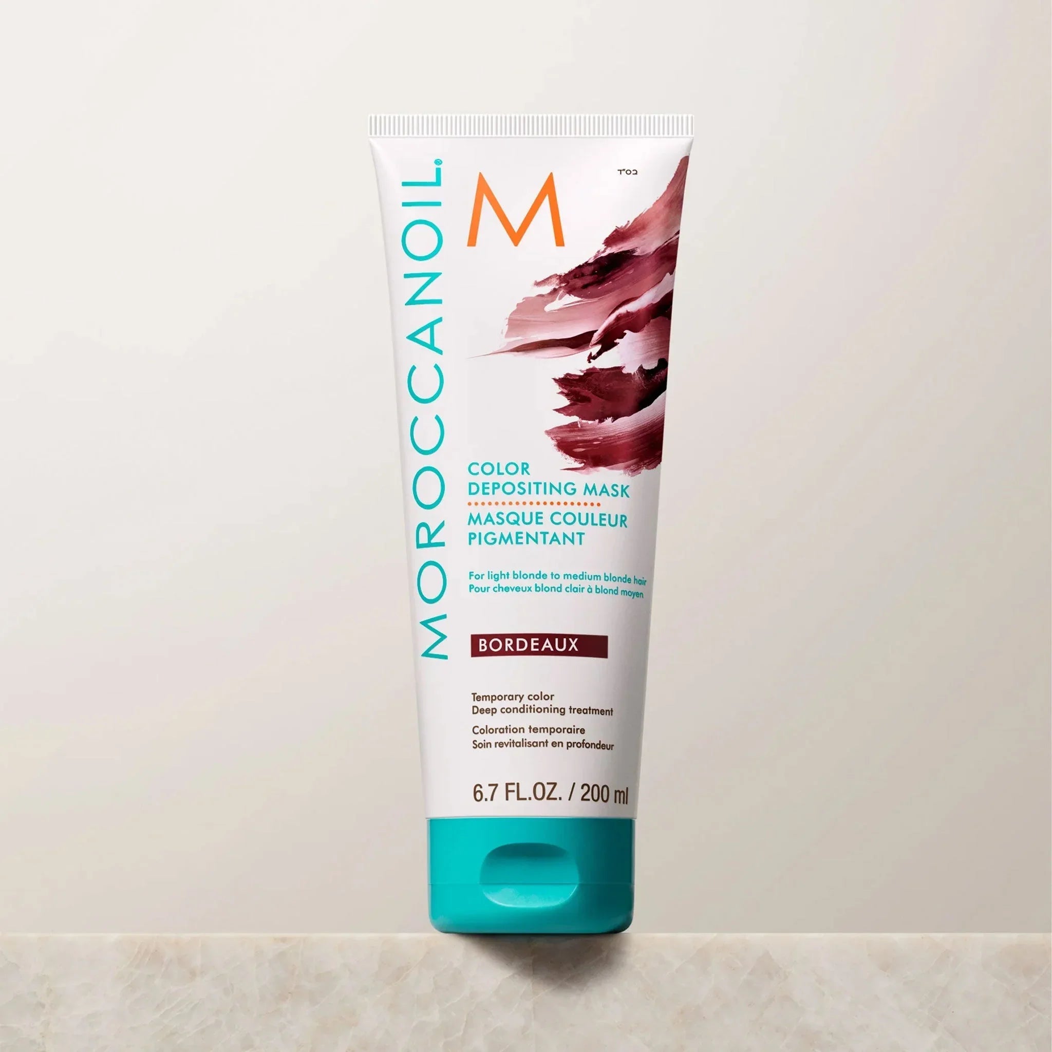 Moroccanoil Color Deposit Mask Bordeaux 200ml teal and white packaging with burgundy accents