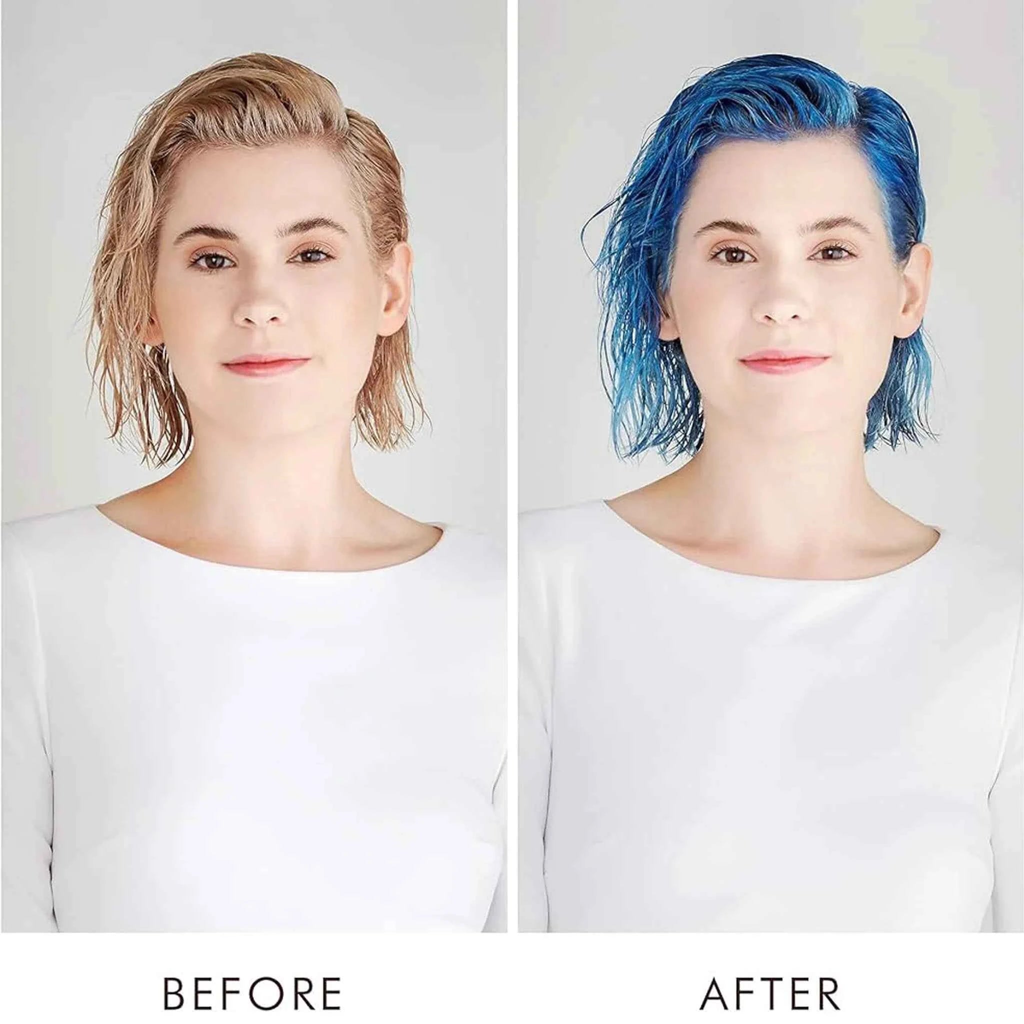 Moroccanoil hair treatment before and after showing natural blonde hair transformed to vibrant blue color