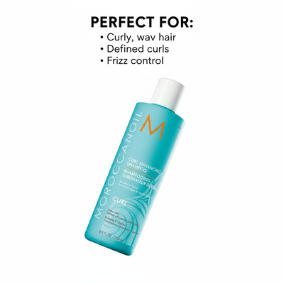 Moroccanoil curl enhancing shampoo in turquoise bottle for curly wav hair frizz control