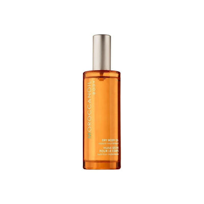 Moroccanoil dry body oil in amber bottle with silver cap nourishing and hydrating skin