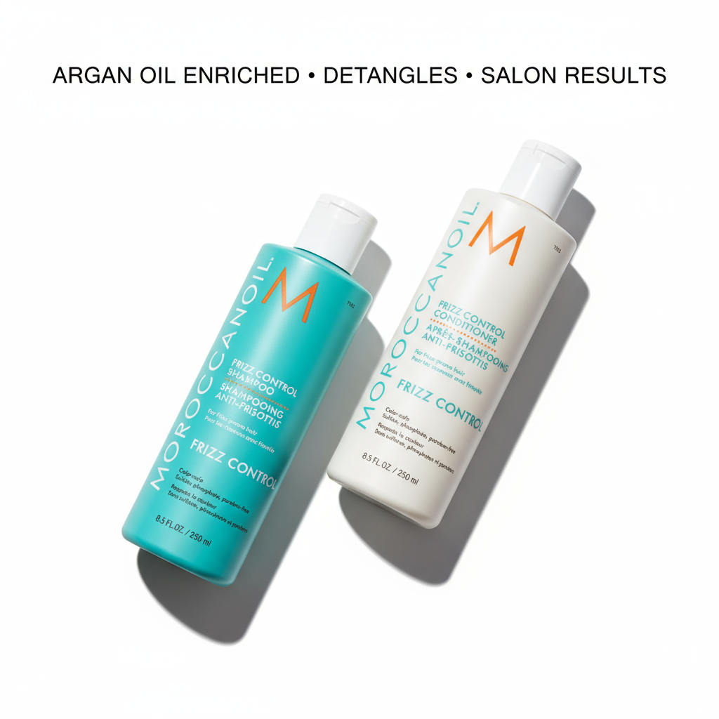 Moroccanoil frizz control bundle with argan oil enriched shampoo and conditioner for smooth hair