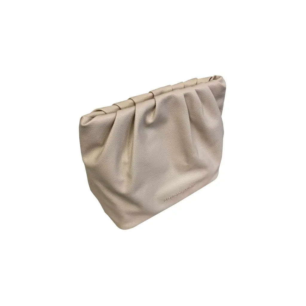 Beige leather clutch purse with gathered fabric and a zipper closure.