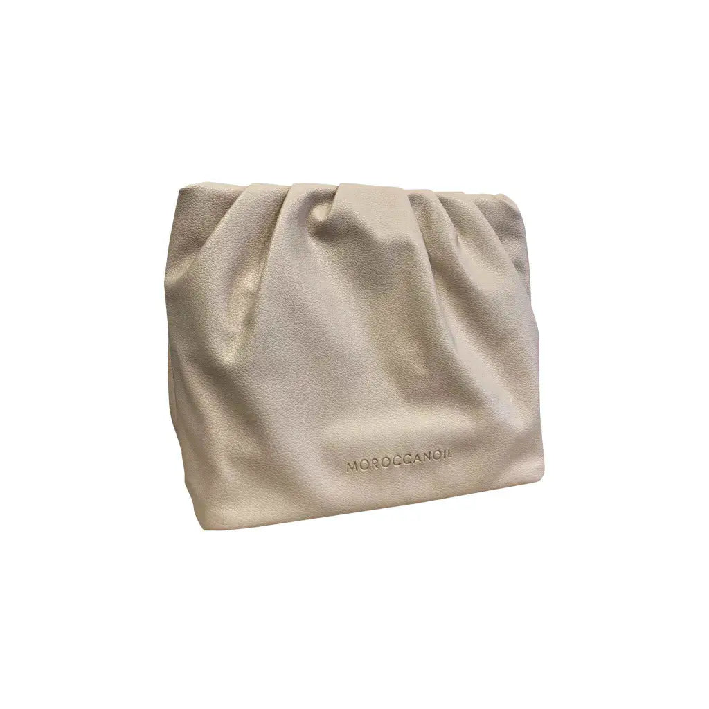 Beige leather clutch bag with gathered fabric and subtle branding.