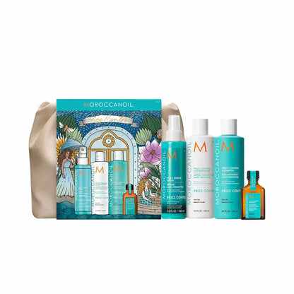 Moroccanoil hair care product gift set with colorful packaging and multiple bottles.