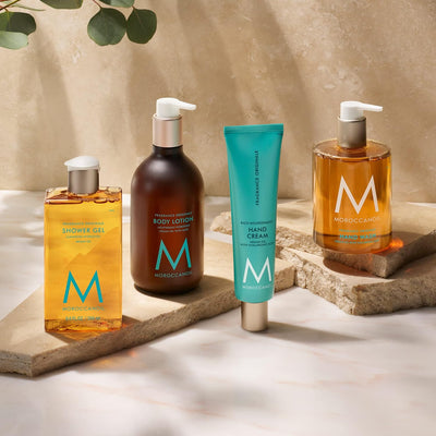 Moroccanoil hand cream, shower gel, body lotion, and hand wash collection. Luxurious argan oil infused skincare.