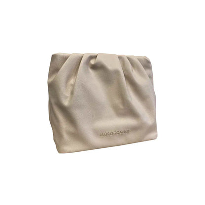 Beige leather clutch bag with subtle branding.