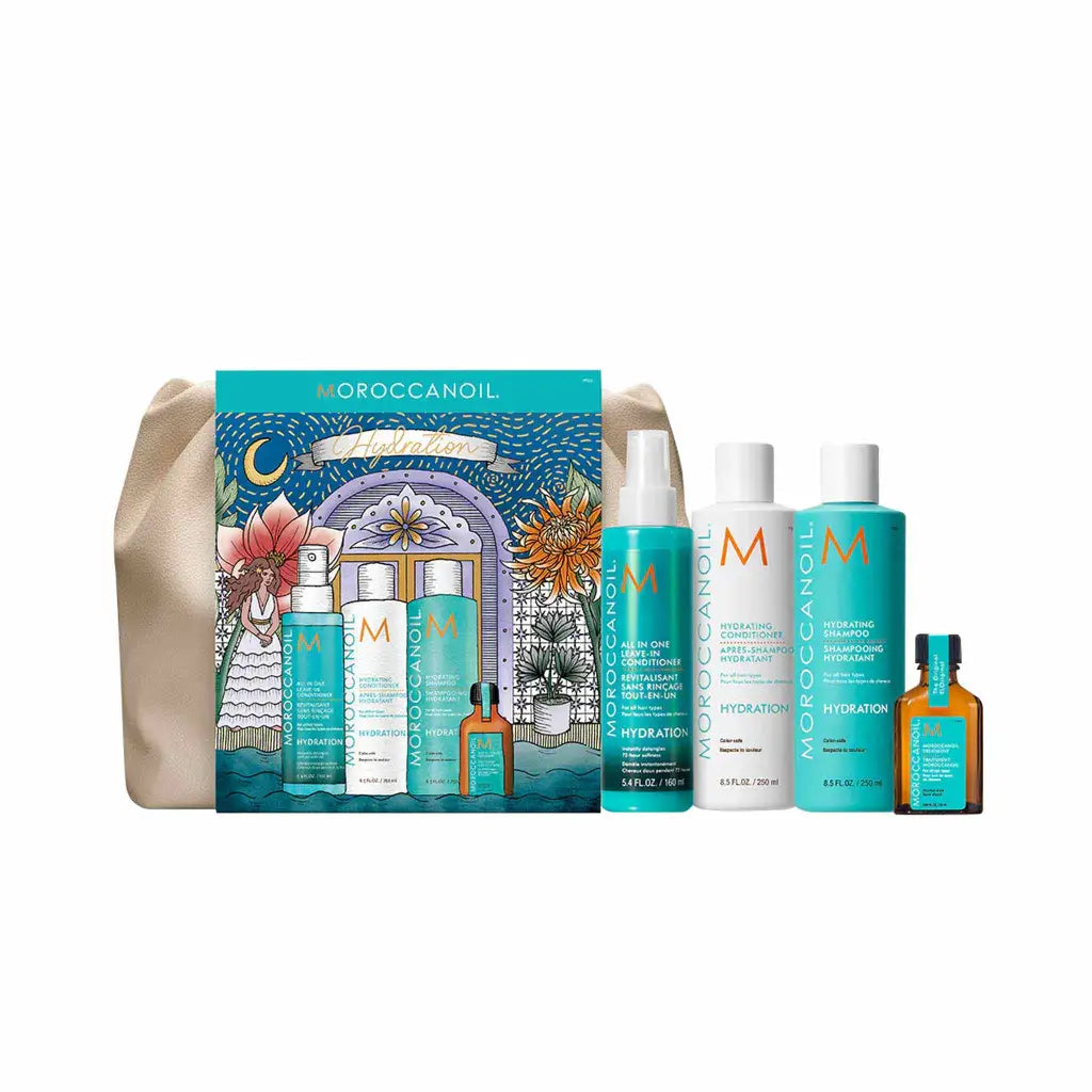 Moroccanoil hair care product gift set featuring colorful packaging and multiple bottles of hair treatments.