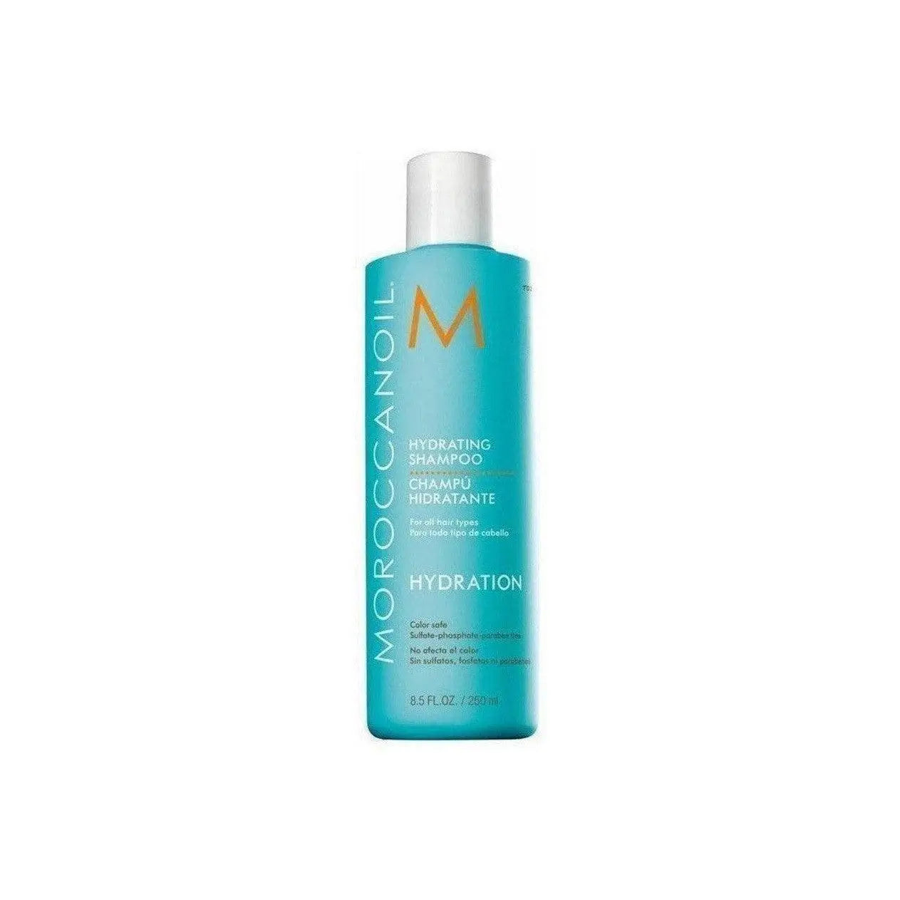 Turquoise bottle of Moroccanoil Hydrating Shampoo with antioxidant-rich argan oil, 250ml