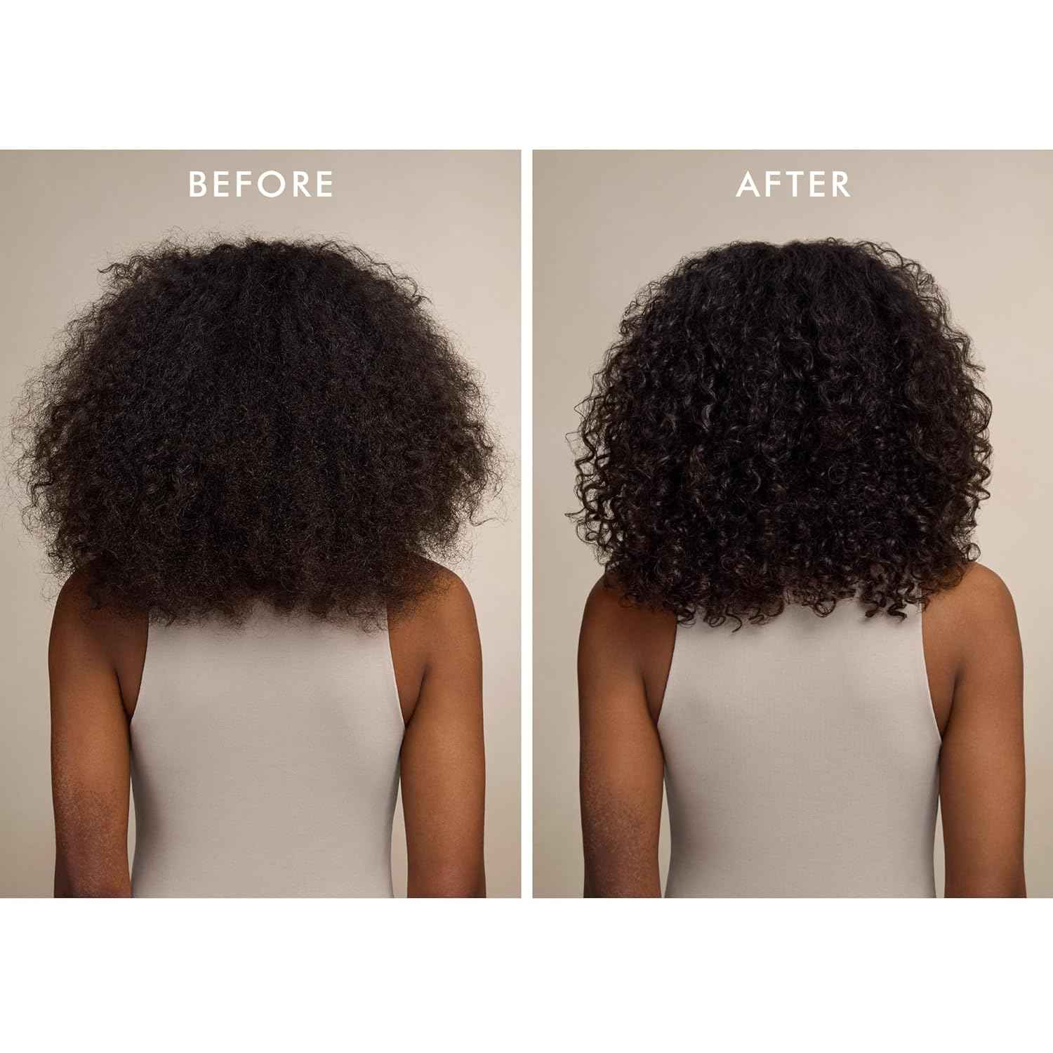 Before and after results of using Moroccanoil intense hydrating hair mask on curly hair showing improved hydration and definition