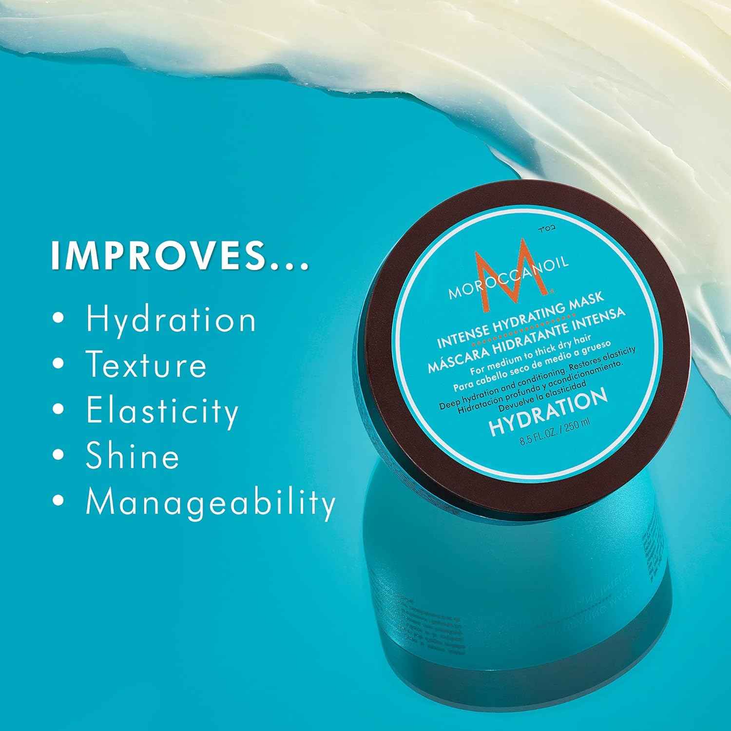 Moroccanoil intense hydrating hair mask jar on blue background with benefits like hydration and shine