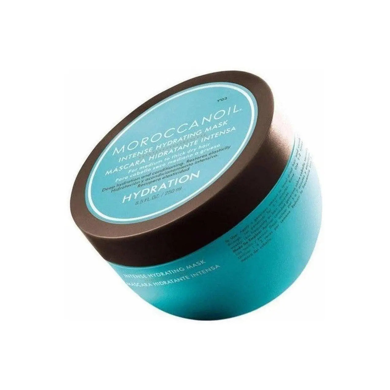 Teal and brown container of Moroccanoil Intense Hydrating Mask 250ml for deeply hydrated hair