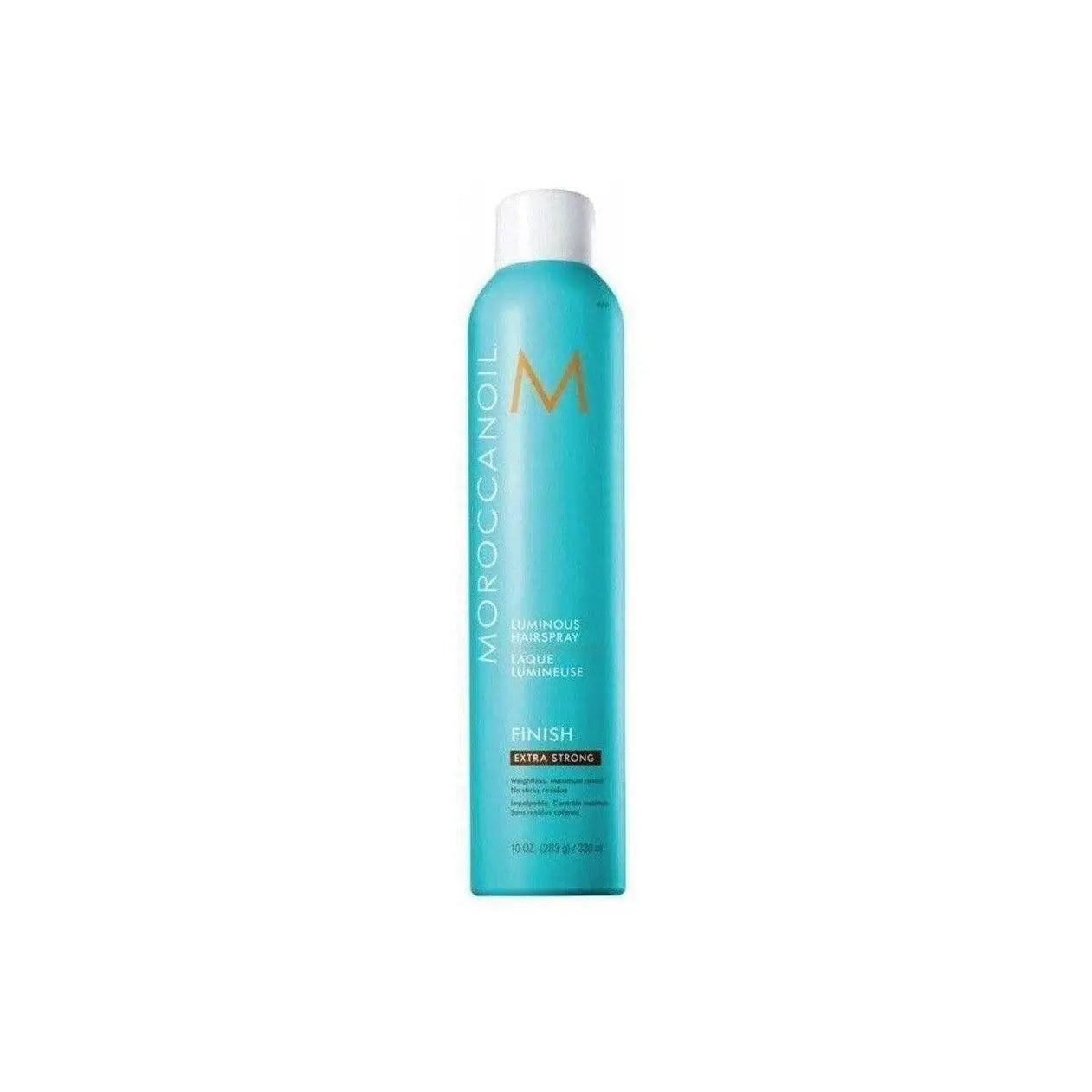 Turquoise aerosol can of Moroccanoil Luminous Hairspray Extra Strong 330ml with gold lettering