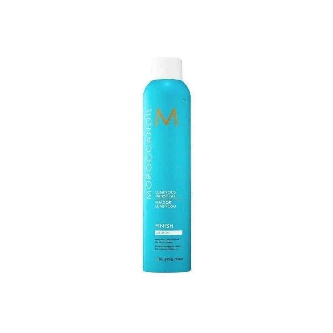 Turquoise aerosol can of Moroccanoil Luminous Hairspray Medium 330ml for long-lasting hold