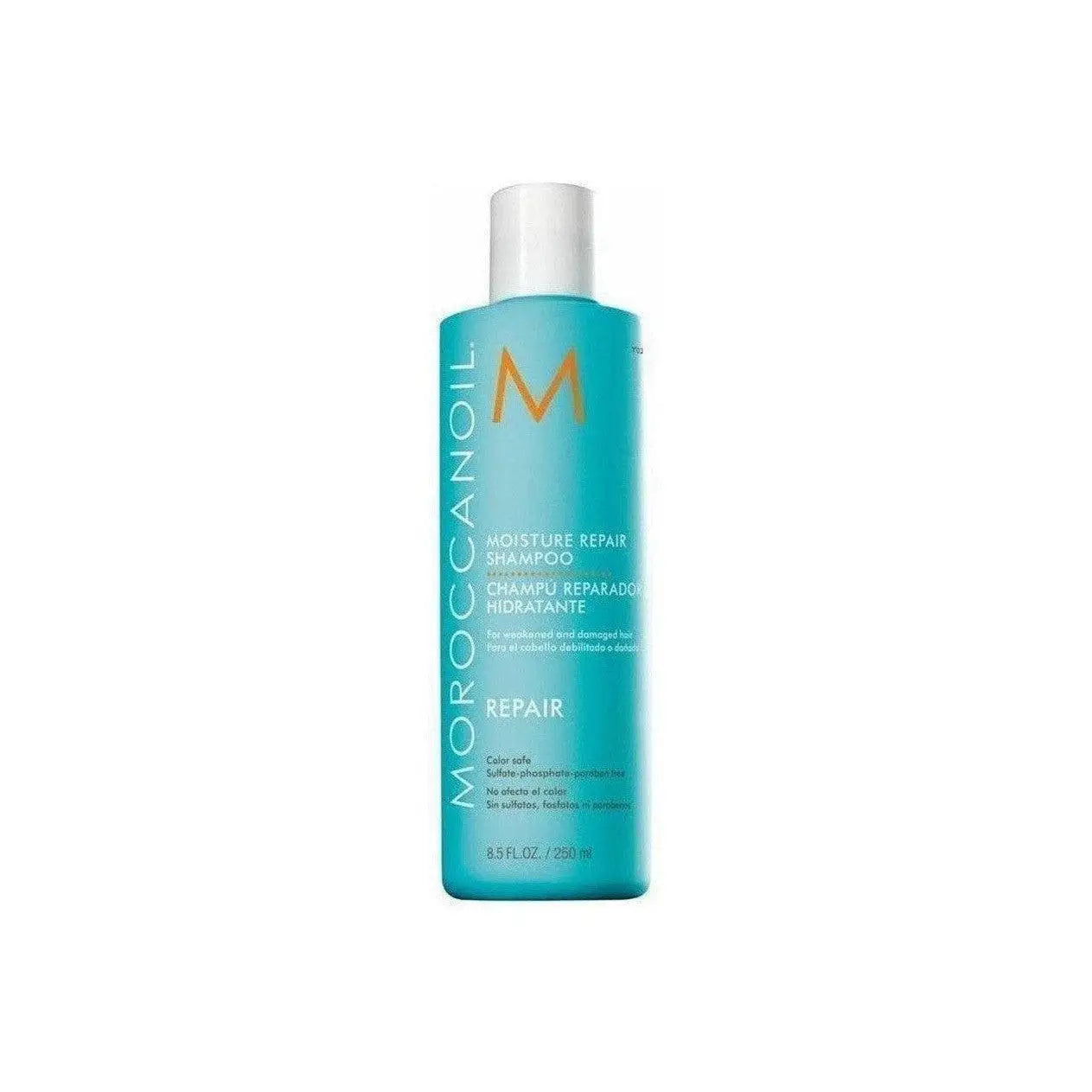 Turquoise bottle of Moroccanoil Moisture Repair Shampoo 250ml for damaged hair care