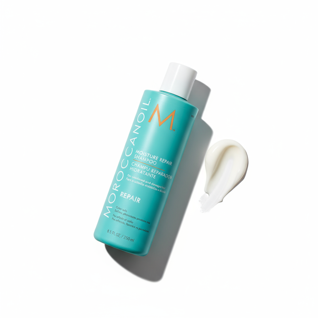 Moroccanoil Moisture Repair Shampoo in turquoise bottle with white cap and shampoo cream sample