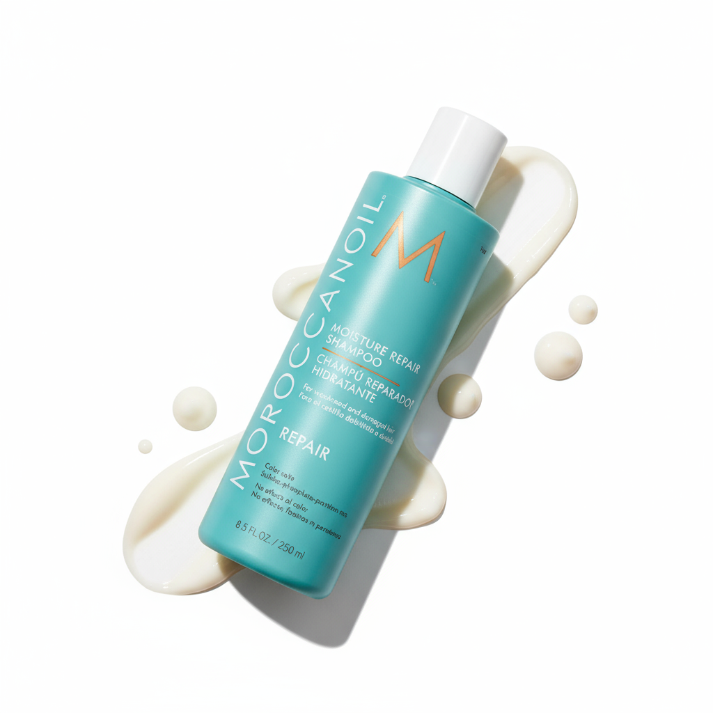 Moroccanoil Moisture Repair Shampoo bottle with creamy shampoo texture on white background