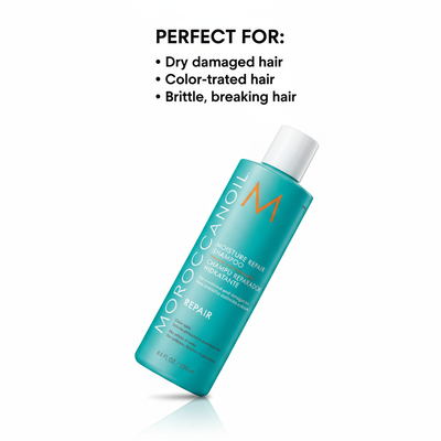 Moroccanoil Moisture Repair Shampoo key benefits — strengthens reduces breakage and improves elasticity and resilience