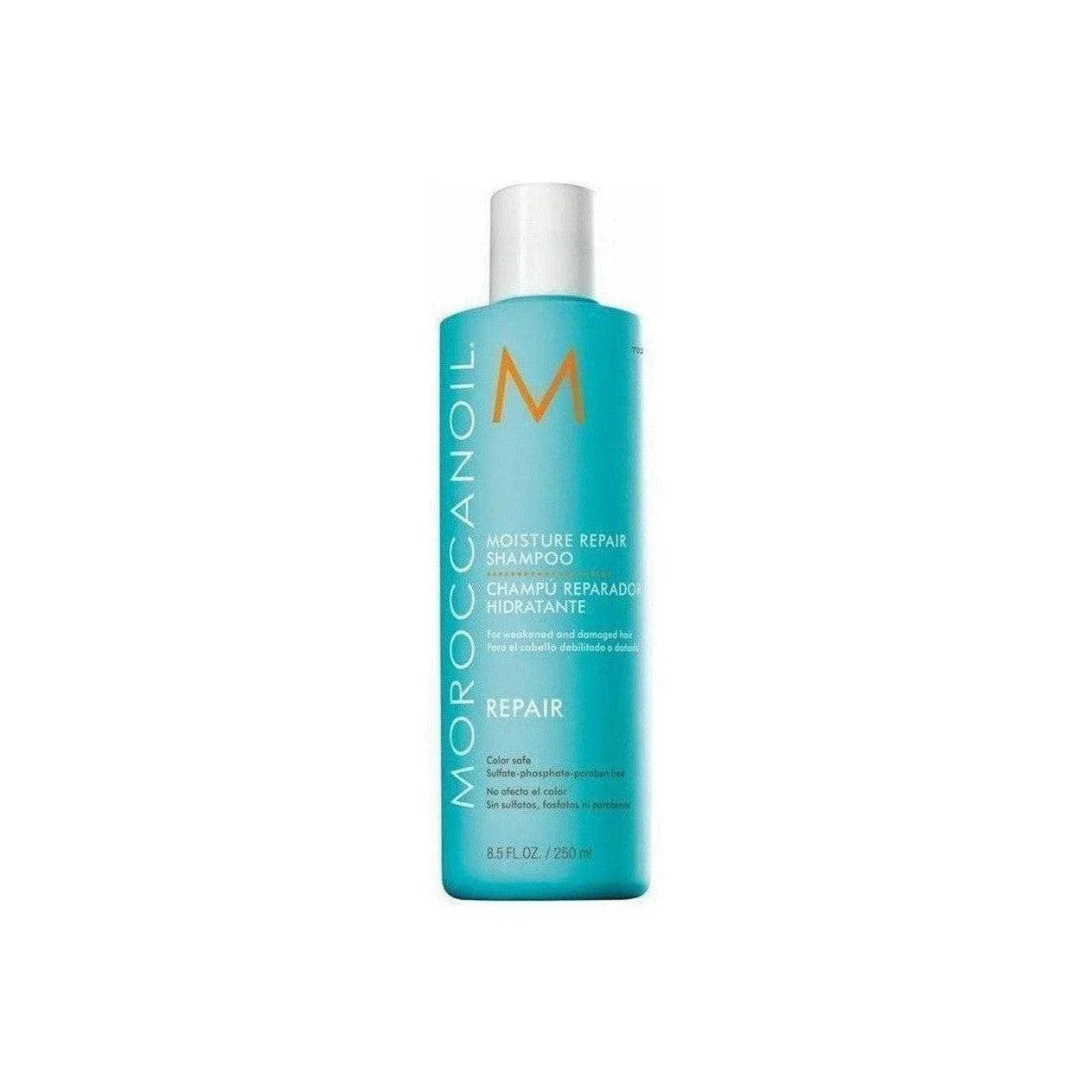 Moroccanoil Moisture Repair Shampoo in turquoise bottle for restoring damaged hair