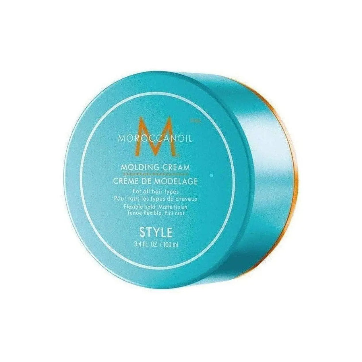 Turquoise circular container of Moroccanoil Molding Cream for natural-looking hairstyles