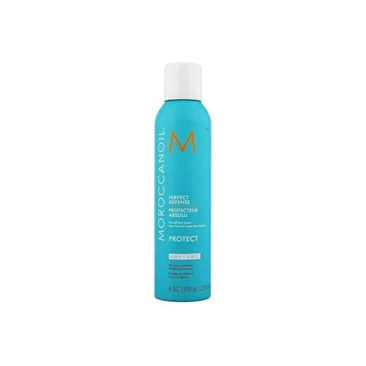 Turquoise aerosol can of Moroccanoil Perfect Defence 225ml heat protective spray