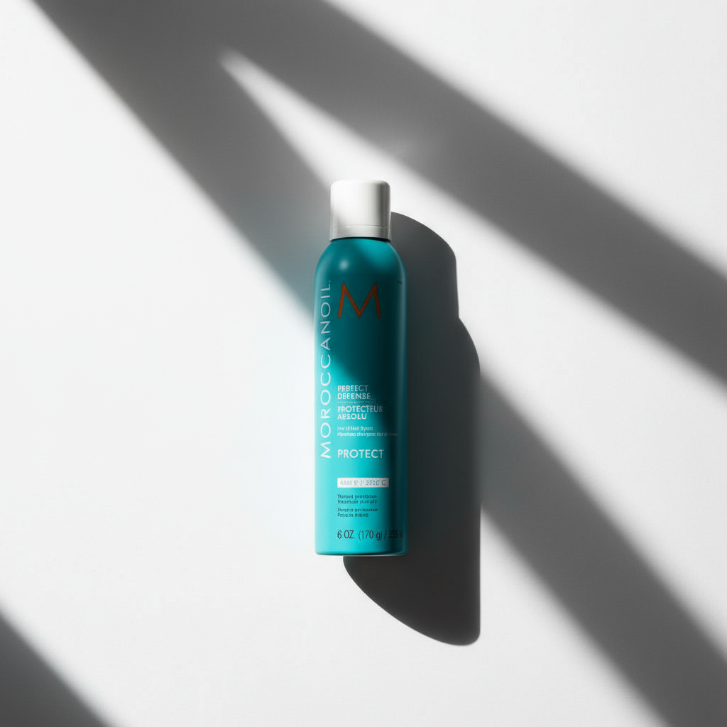 Moroccanoil Perfect Defense heat protectant in teal spray bottle for hair styling protection