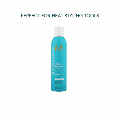 Moroccanoil Perfect Defense heat protectant in blue spray bottle for heat styling tools