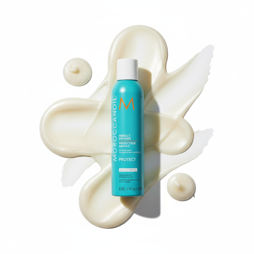 Moroccanoil Perfect Defense heat protectant spray bottle on white cream background