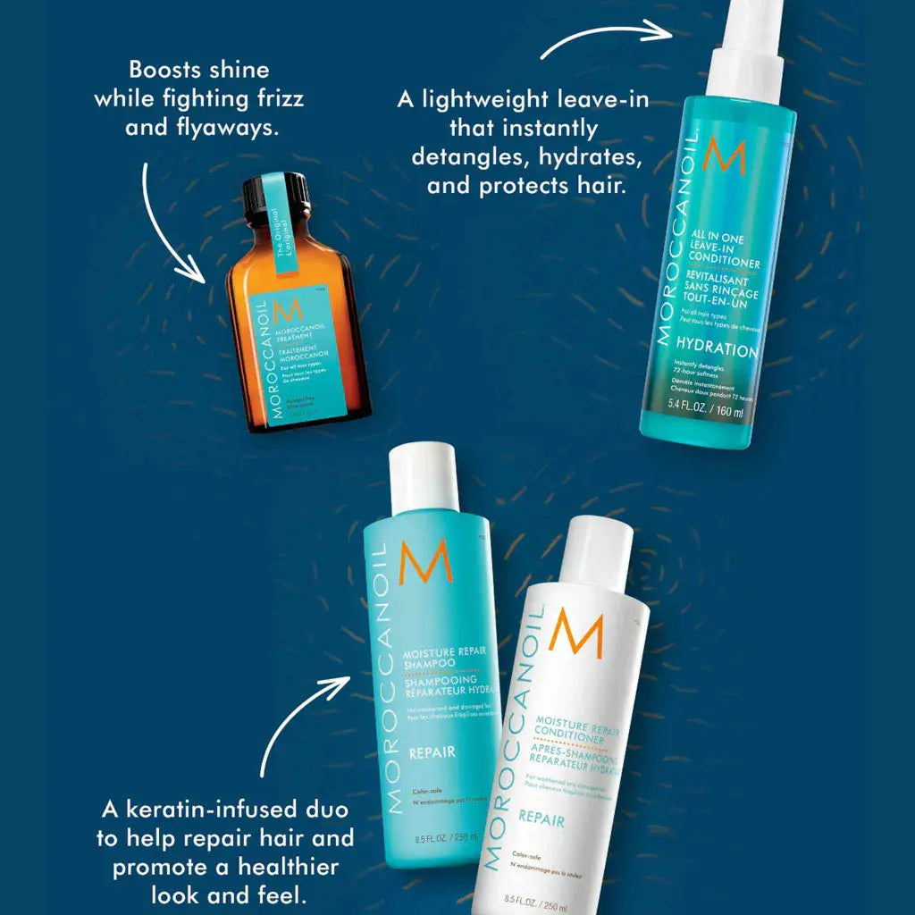 Collection of Moroccanoil hair care products featuring shampoo, conditioner, and styling treatments.