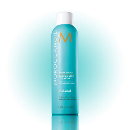 Turquoise bottle of Moroccanoil Root Boost 250ml - Root Lifting Mousse hair product