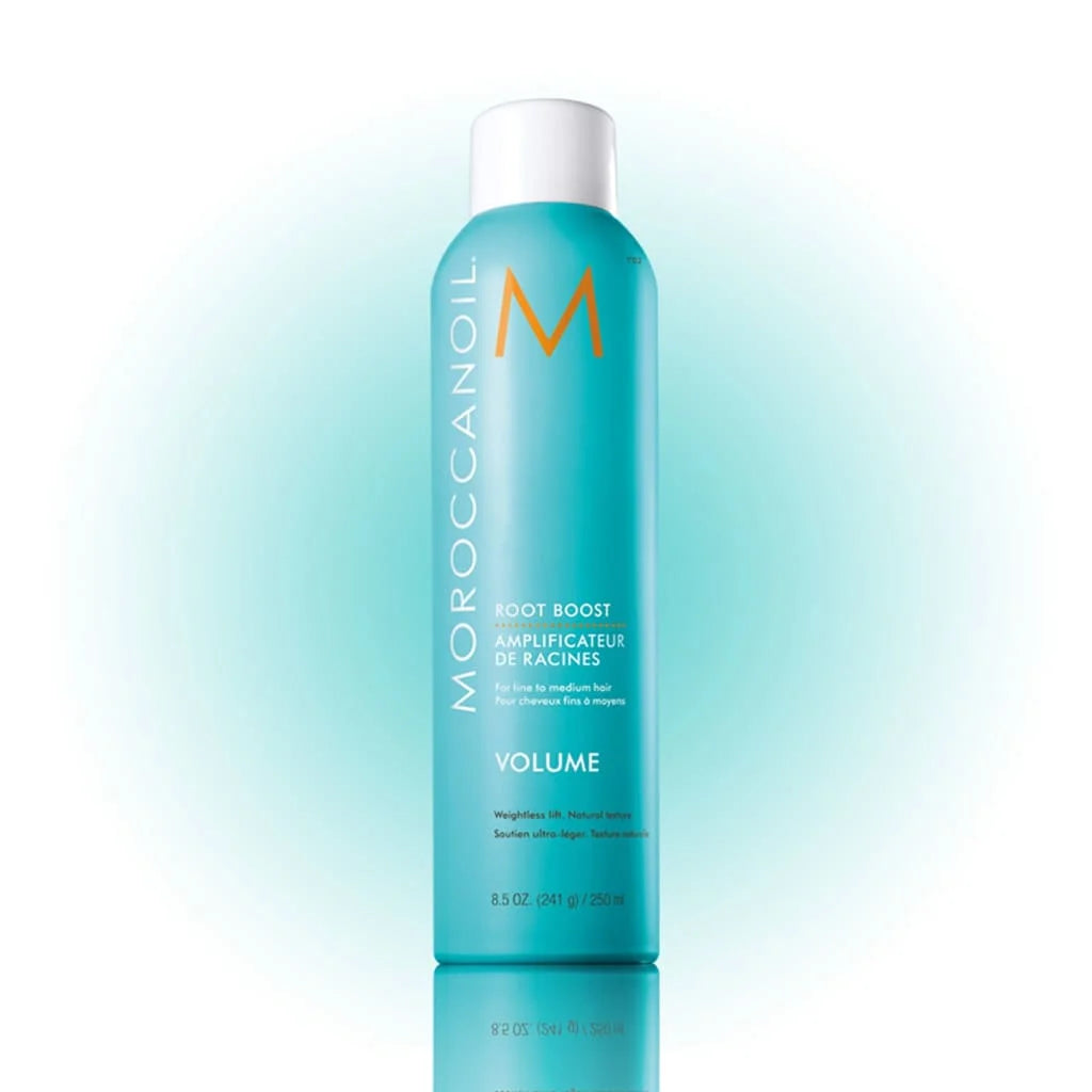 Moroccanoil Root Boost hair treatment in blue bottle for adding volume and lift