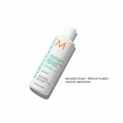Moroccanoil scalp balancing conditioner bottle with white and turquoise packaging for soothing scalp