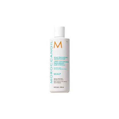 Moroccanoil scalp balancing conditioner bottle with white packaging and turquoise text