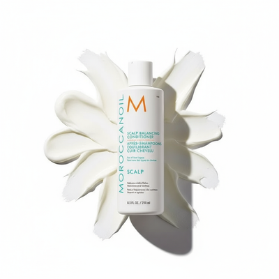 Moroccanoil scalp balancing conditioner bottle on white cream swirl background for scalp care