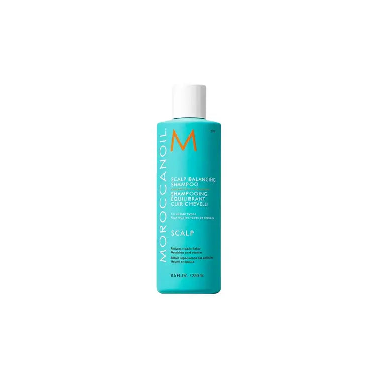 Turquoise Moroccanoil Scalp Treatment bottle with white cap for Scalp Balancing Shampoo 250ml