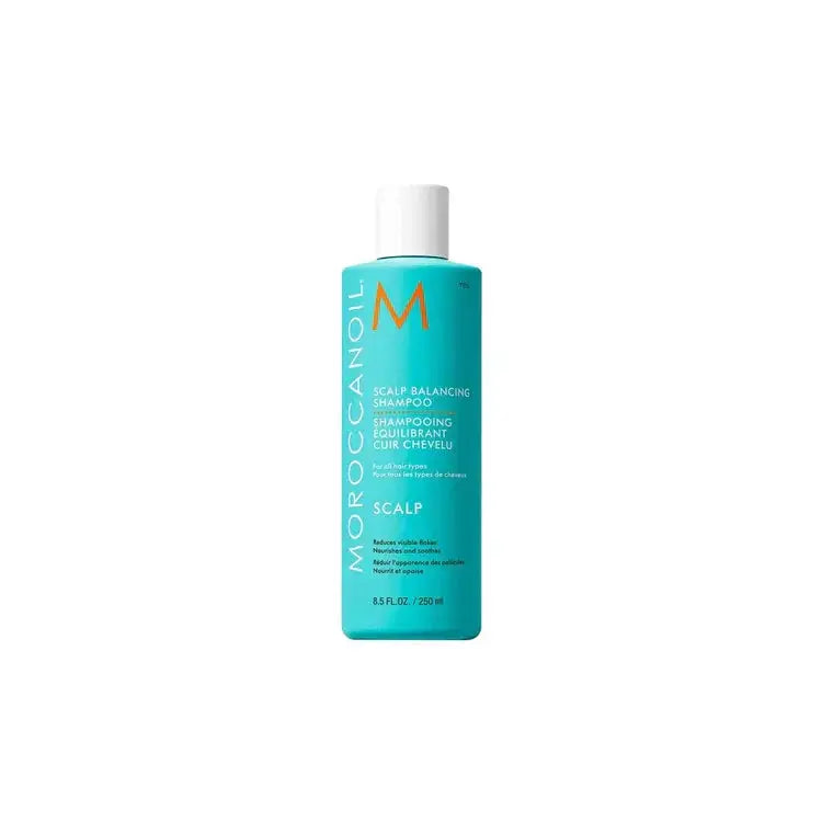 Moroccanoil scalp balancing shampoo turquoise bottle with white cap for scalp care